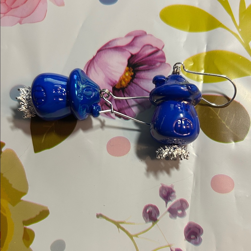 Blue Glass Mushroom Earrings - Dangle Statement Pair